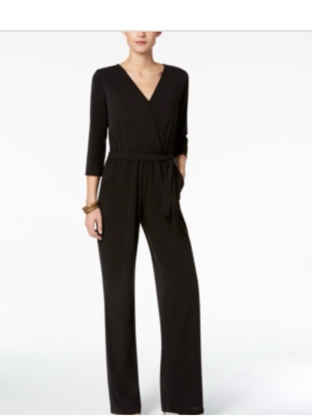 NY Collection Petite 3/4 Sleeve Belted Wide Leg Jumpsuit
